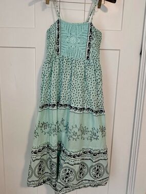 Women’s Mint Green Crochet-Top‎ Sundress with Boho Print L